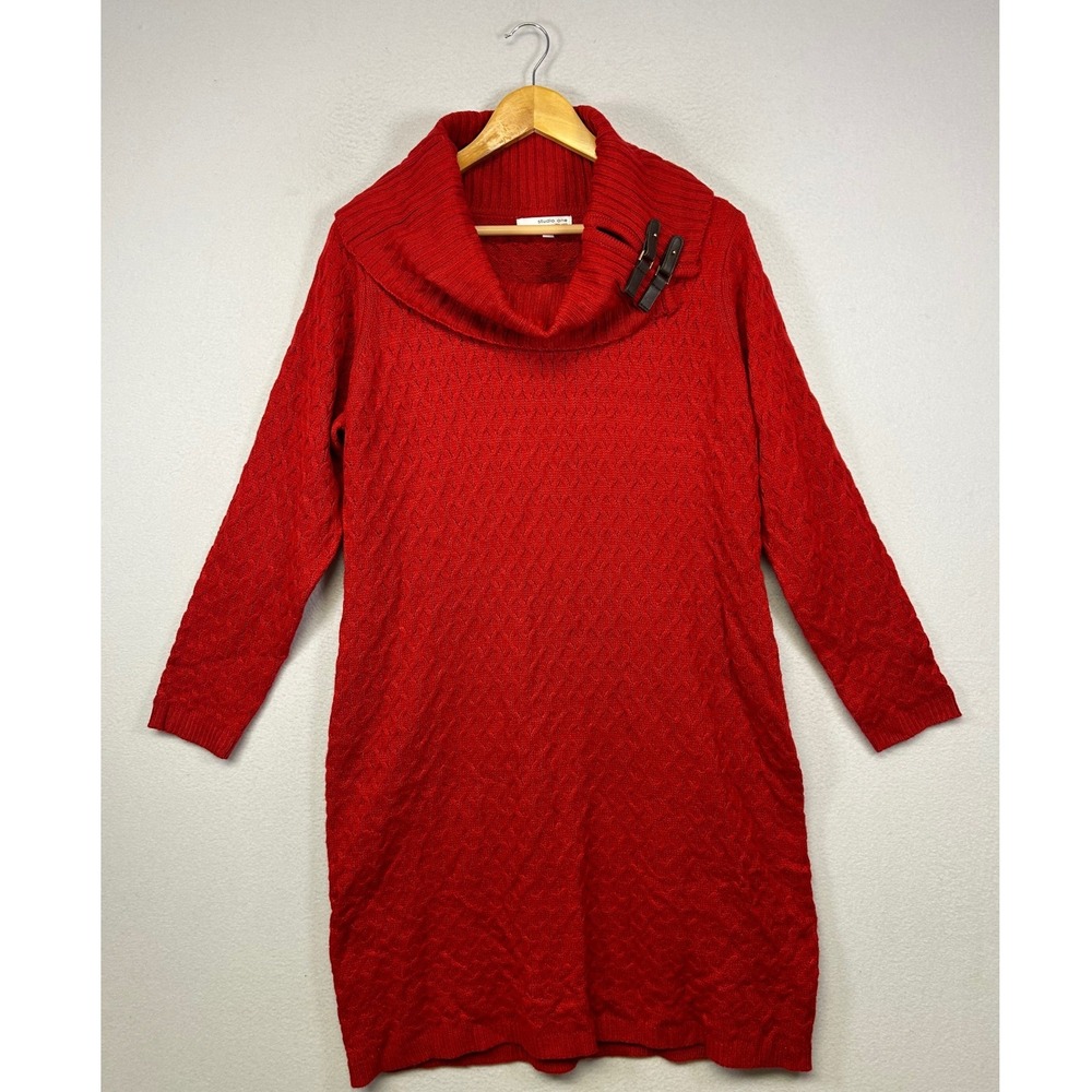 Holiday Cozy Studio One Womens 1X Red‎ Cowl Neck Buckle Textured Sweater Dress